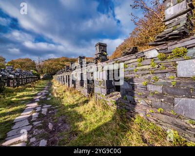 Ce sont les chalets de mineurs connus sous le nom de Anglesey Barracks sur le site du patrimoine mondial de l'UNESCO de la carrière d'ardoise de Dinorwig à Llanberis dans le nord du pays de Galles Banque D'Images