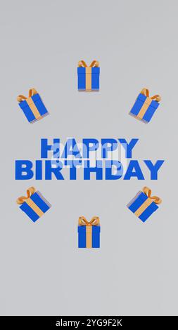 Un design 3D minimaliste et festif avec le texte « joyeux anniversaire » en bleu et des cadeaux autour. Banque D'Images