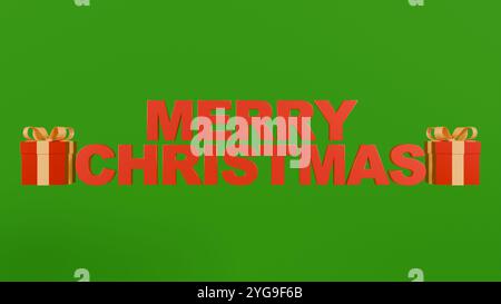 Un motif festif en 3D avec le texte « Joyeux Noël » en rouge et deux cadeaux avec des rubans dorés. Banque D'Images