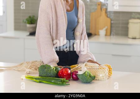 Préparer des légumes frais dans la cuisine, femme organisant l'épicerie sur le comptoir, à la maison Banque D'Images