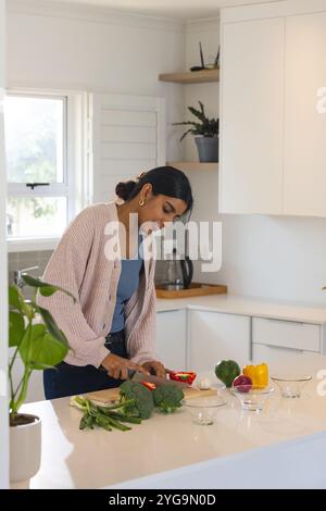 Femme asiatique hachant des légumes dans la cuisine moderne, préparant des repas sains, à la maison Banque D'Images