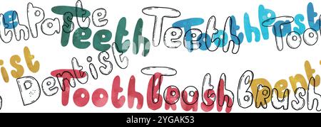 Plongez dans divers concepts de soins dentaires en utilisant des mots-clés tels que dents, dentifrice, brosse à dents, et plus encore. Bordure transparente vectorielle dessinée à la main. Illustration de Vecteur