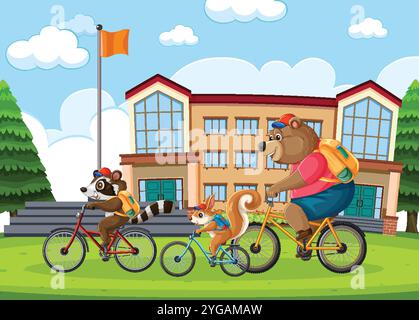 Trois animaux faisant du vélo près d'une école Illustration de Vecteur