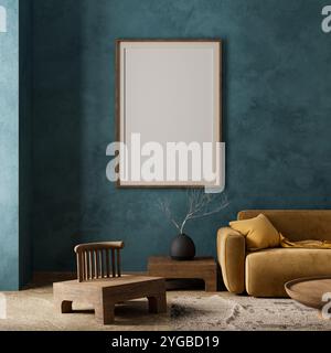 Maquette de cadre d'affiche dans la salle de style boho décorée livinig. Design d'intérieur moderne de salon avec meubles en bois. Illustration 3D. Banque D'Images