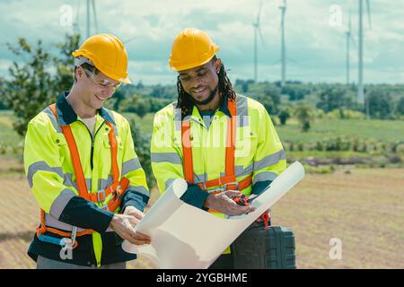 L'équipe d'ingénieurs mélange des ouvriers noirs et blancs masculins avec le plan d'étage à l'étude de travail sur le terrain de turbines éoliennes sur le terrain de ferme de générateur d'électricité éolienne en plein air. Banque D'Images