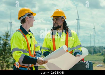 L'équipe d'ingénieurs mélange des ouvriers noirs et blancs masculins avec le plan d'étage à l'étude de travail sur le terrain de turbines éoliennes sur le terrain de ferme de générateur d'électricité éolienne en plein air. Banque D'Images