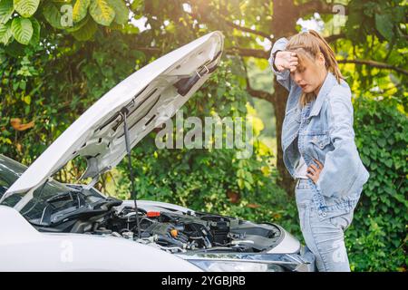 Les femmes problème de voiture panne de moteur seul au bord de la route pendant le voyage auto-réparation seul. Banque D'Images