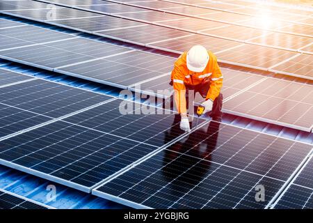 Ingénieur professionnel Service panneau solaire. Entretien du travailleur nettoyage remplacement du panneau solaire. Système de panneau photovoltaïque solaire dans le toit de l'industrie. Enregistrement Banque D'Images