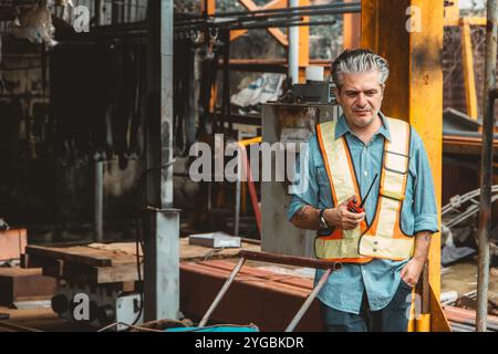 Ingénieur chantier de construction Moody stressé épuisé ressentir une mauvaise émotion fatigué par le travail acharné. Banque D'Images