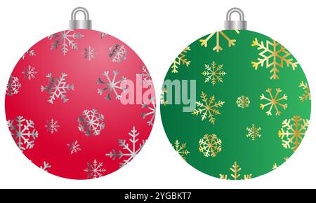 Ensemble de boules à flocon de neige vert et rouge, boules de Noël Illustration de Vecteur