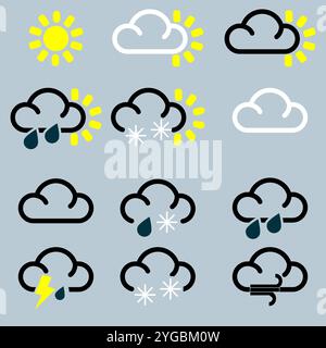 Ensemble d'icônes météo montrant la pluie, le soleil, les nuages, le grésil et l'éclair, etc. Pour les prévisions météorologiques Illustration de Vecteur