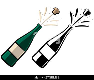 Bouteilles de champagne avec le liège éclatant en couleur et versions noir et blanc, isolées sur fond blanc Illustration de Vecteur