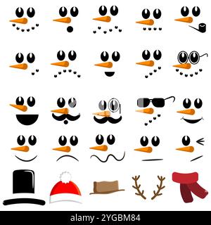 Collection de différents éléments de visage de bonhomme de neige isolés sur un fond blanc Illustration de Vecteur
