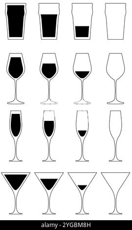 Ensemble de différents types de verres à boissons style vectoriel plat isolé sur un fond blanc Illustration de Vecteur