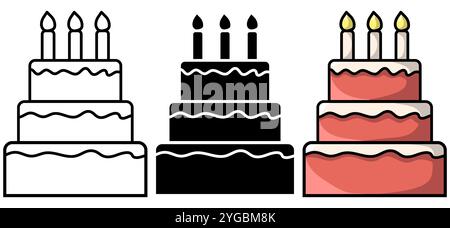 3 éléments de conception de gâteau en noir et blanc et en couleur isolés sur un fond blanc Illustration de Vecteur