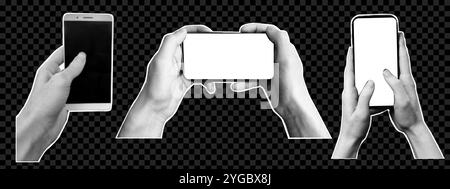 Ensemble de mains tenant le téléphone avec affichage vide sur fond transparent. Effet demi-ton rétro Illustration de Vecteur