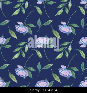 Élégant motif aquarelle sans couture avec des fleurs violettes dessinées à la main et des feuilles vertes. Parfait pour les invitations de mariage, impressions textiles, papier peint, et Banque D'Images