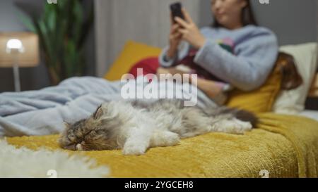 Une jeune femme asiatique allongée dans son lit tout en utilisant son téléphone, avec un chat moelleux dormant paisiblement sur une couverture jaune dans un cadre confortable de chambre. Banque D'Images