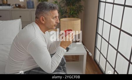 Homme d'âge moyen buvant du café dans une chambre moderne, assis sur un lit avec une expression réfléchie, la pièce doucement éclairée et décorée avec élégance Banque D'Images