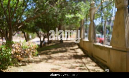 Vue floue sur un chemin extérieur ensoleillé bordé d'arbres et d'une clôture en pierre créant un effet flou et bokeh Banque D'Images