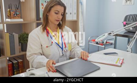 Une jeune vétérinaire blonde, séduisante, dans une clinique portant un stéthoscope, travaillant à son bureau avec un ordinateur portable et des documents, entourée d'un vétérinaire Banque D'Images