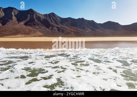 Paysage fabuleux de l'océan Atlantique ondulé sur la plage de sable de Cofete avec des montagnes volcaniques. Voyage à travers Fuerteventura. Îles Canaries, Espagne. Banque D'Images