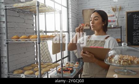 Jeune femme dans une boulangerie faisant l'inventaire des pâtisseries sur les étagères et des gâteaux exposés avec une planche à pince à la main, portant un tablier, à l'intérieur, dans un style moderne, Banque D'Images