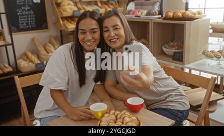 Mère et fille prenant un selfie et appréciant le café ensemble dans une boulangerie confortable remplie de pâtisseries diverses Banque D'Images