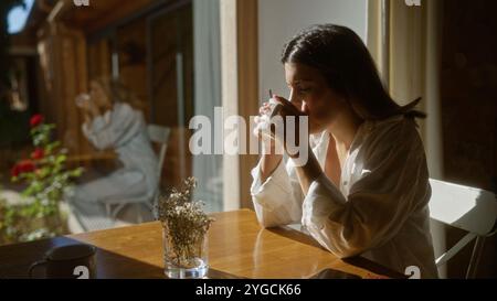 Jeune femme buvant du café à une table en bois dans un cadre intérieur confortable avec une douce lumière du soleil qui traverse la fenêtre, tandis qu'une autre femme l'apprécie Banque D'Images