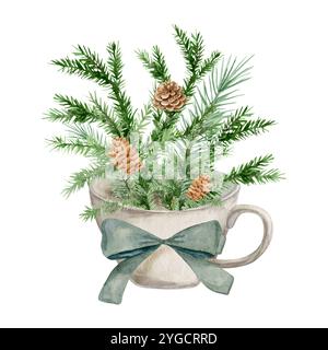 Composition aquarelle avec un bouquet de branches de pin avec des cônes dans une tasse décorée d'un noeud Banque D'Images