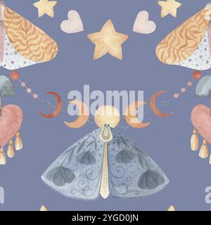 Boho Butterfly Seamless motif avec phase de lune et étoile sur le fond bleu pluie. Aquarelle dessinée à la main charmante illustration céleste en doux Banque D'Images