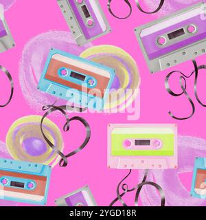 Modèle sans couture de cassette pour lecteur rétro portable de style 80's90 avec des bandes en forme 80,90 et un coeur sur fond rose acide. Aquarelle Banque D'Images