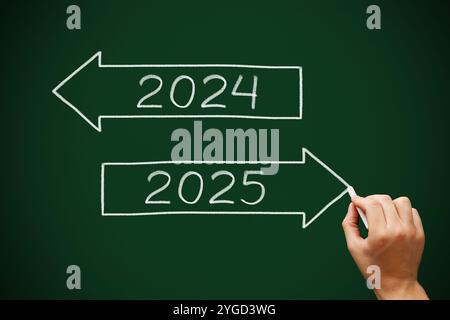 Dessin à la main Goodbye 2024 bonne année 2025 concept de deux flèches avec craie blanche sur tableau vert foncé. Banque D'Images