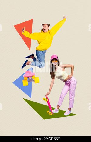 Collage photo d'image d'esquisse de tendance composite de deux jeunes amis de sport actif saut de main tenir la traduction de smartphone de skateboard Banque D'Images