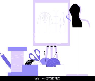 Espace de travail de créateur de mode avec outils de couture et mannequin en illustration vectorielle plate symbolisant la créativité et le design de mode, isolé sur blanc Illustration de Vecteur