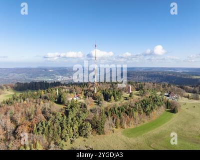 Vue aérienne, panorama du mât en tube d'acier de 137 mètres de haut de l'émetteur Suedwestrundfunk, SWR, Raichberg, érigé en 1971, sur la hig de 956 mètres Banque D'Images