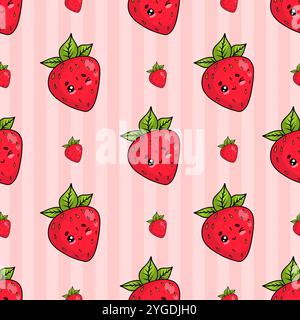 Modèle sans couture avec mignon personnage de fraise rouge ludique de dessin animé kawaii sur fond rayé rose. Illustration vectorielle Illustration de Vecteur