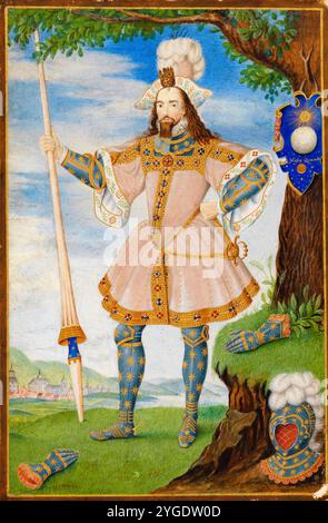 George Clifford. Portrait de Sir George Clifford, 3e comte de Cumberland, 13e baron de Clifford, 13e seigneur de Skipton (1558-1605). Pair anglais, commandant naval et courtisan de la reine Elizabeth I d'Angleterre, aquarelle de George Perfect Harding d'après Nicholas Hilliard, 1800-1830 Banque D'Images