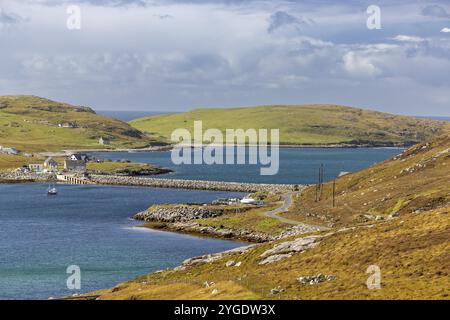 Chaussée, chaussée avec route vers Vatersay, Barra, Hébrides extérieures, Écosse, Grande-Bretagne Banque D'Images