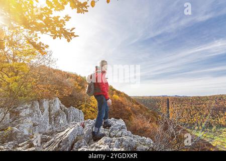 Randonneur mâle senior debout sur une falaise et regardant Dans un paysage d'automne vallonné et coloré dans le Jura souabe Banque D'Images