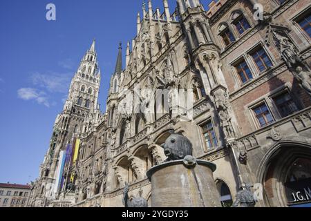 Fontaine de poissons sur Marienplatz, mairie, Ukraine, drapeau, Munich, Bavière, État libre, Isar, Allemagne, Europe Banque D'Images