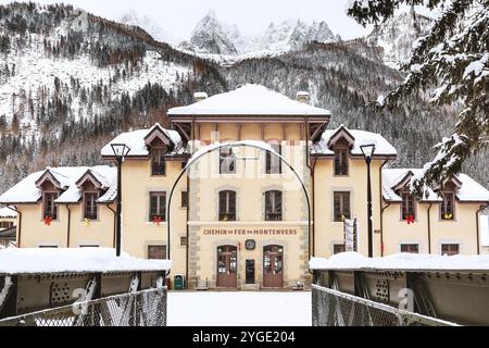 Chamonix Mont Blanc, France, 30 janvier 2015 : construction de la gare du Montenvers en hiver, Europe Banque D'Images