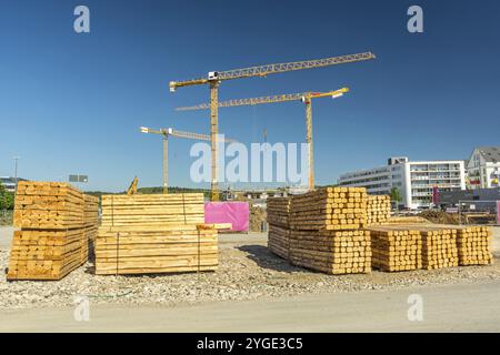 Piles de bois devant le grand chantier de construction avec grues Banque D'Images