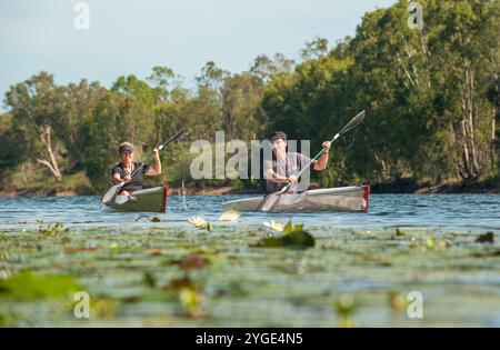 Un couple sportif côte à côte pagayant sur leur ski nautique sur la rivière Ross à Townsville. Banque D'Images