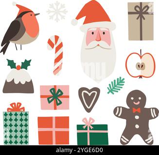 Ensemble d'illustrations de Noël rétro dessinées à la main. Oiseau Finch, Père Noël, coffrets cadeaux. Biscuits au pain d'épices, pudding aux baies de houx, branche d'arbre de Noël Illustration de Vecteur
