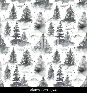 Aquarelle arbres d'hiver modèle sans couture, paysage répéter papier Banque D'Images
