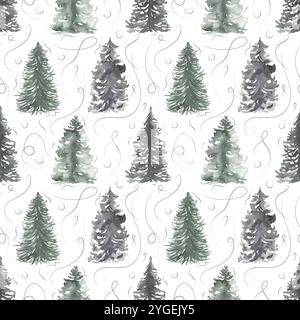 Aquarelle arbres d'hiver motif sans couture, papier de répétition de noël mignon Banque D'Images