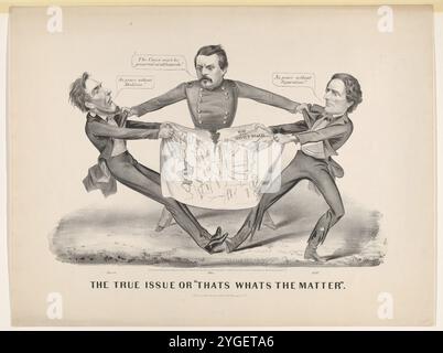 Tout au long de la guerre de Sécession, Currier & Ives publia des satires politiques. Ici, Abraham Lincoln et Jefferson Davis, présidents des États-Unis et de la Confédération, luttent pour contrôler une carte de l'est des États-Unis qui a commencé à s'arracher d'est en ouest. Le général George McClellan, adversaire de Lincoln dans la campagne présidentielle de 1864, se tient entre les concurrents et déclare que l’Union doit être préservée à tout prix. Lincoln réplique, 'pas de paix sans abolition!!' Alors que Davis insiste, 'pas de paix sans séparation!!' L'image résume les principales positions politiques présentées t Banque D'Images