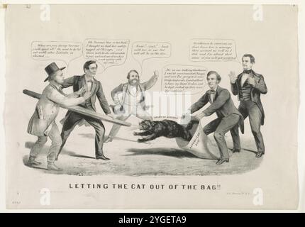 Une représentation figurative de la fracture au sein du parti républicain résultant de la nomination d'Abraham Lincoln à la présidence en 1860. Ici, William H. Seward, sénateur et candidat à l'élection, regarde le sénateur anti-esclavagiste radical du Massachusetts Charles Sumner libérer un chat hargneux, le « Spirit of Discord », d'un « sac républicain ». Le chat se dirige vers Horace Greeley, rédacteur en chef du 'Tribune' de New York, et Lincoln, qui tient un rail pour sa défense. Greeley s'exclame : « qu'est-ce que tu fais Sumner ! vous gâterez tout ! Elle a peine à être libérée jusqu'à ce que Lincoln soit élu,--' Lincoln, également al Banque D'Images