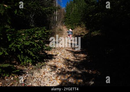 Un jeune enfant monte la colline sur un chemin forestier rocheux entouré d'arbres verts sous un ciel bleu clair, capturant l'essence de l'aventure et de l'exploration Banque D'Images